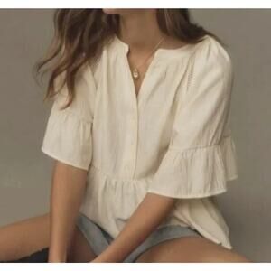 Anthropologie Peplum Swing Top Womens Size 1X Cream Crinkle Babydoll Bell Sleeve